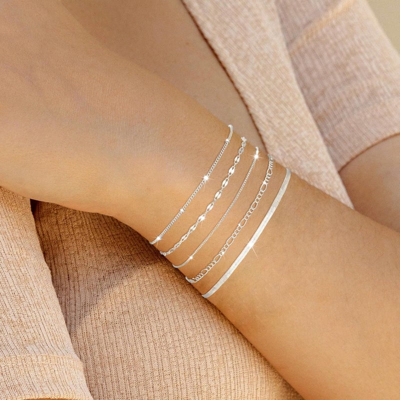 MBW Silver Plated Bracelets for Women, Dainty Silver Bracelets for Women Set Bracelet Stack Waterproof Jewelry for Women Trendy Minimalist Simple Small Thin Bracelet Set for Women Teen Gift - Image 2